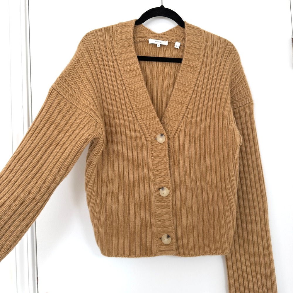 Vince XL Wool Cashmere Ribbed Button Cardigan Sweater Tan Camel - Picture 4 of 8